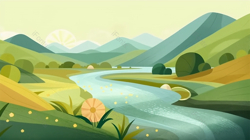 绿色田野下小河流淌的背景,插画/手绘图,插画/手绘图库,插画/手绘图下载,插画/手绘